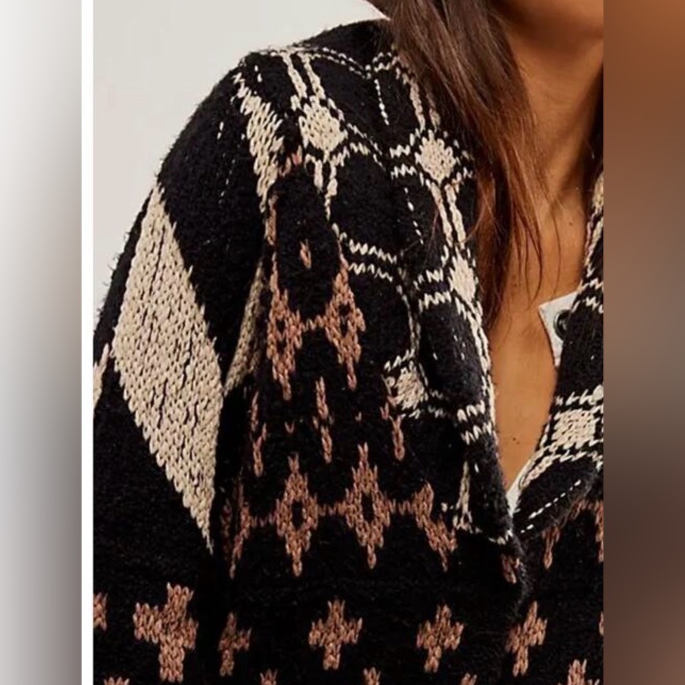 Free People Cardigan Sweater Bright & Optimistic Black Cream Brown Chunky - Picture 3 of 7